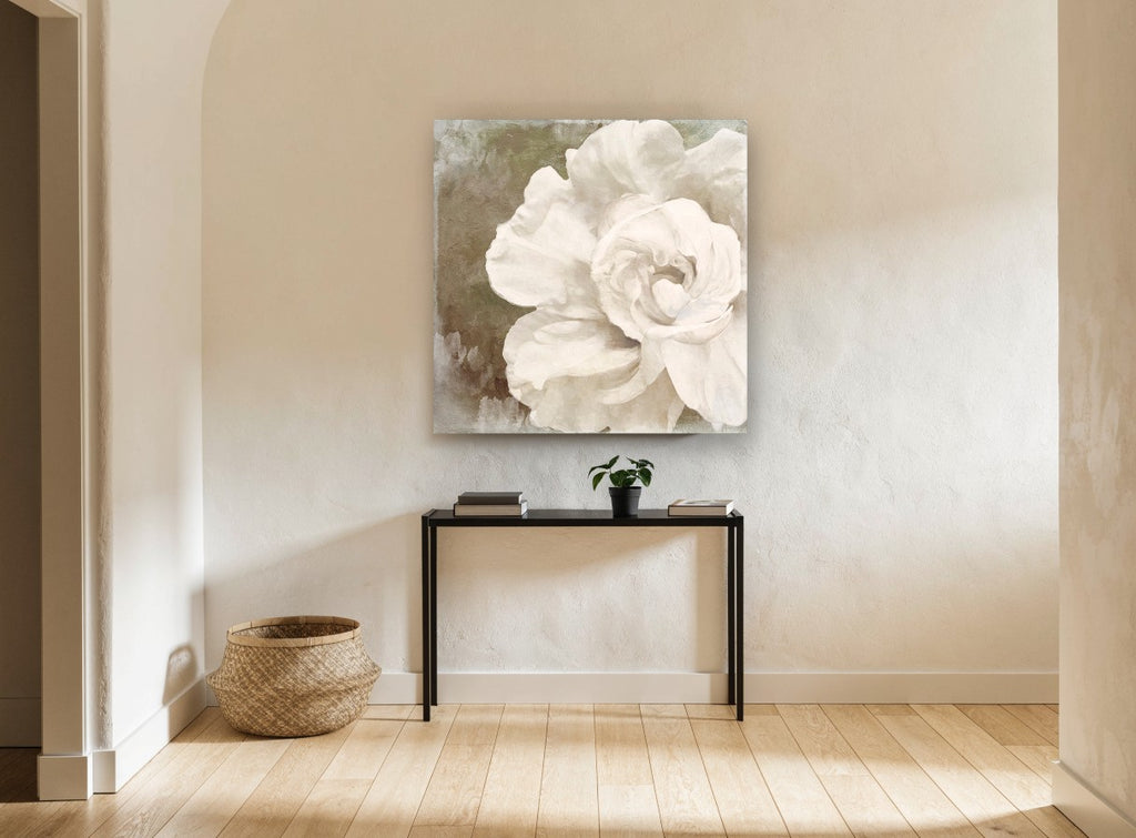 Ivory Bloom Impasto floral canvas print on the wall of a hallway