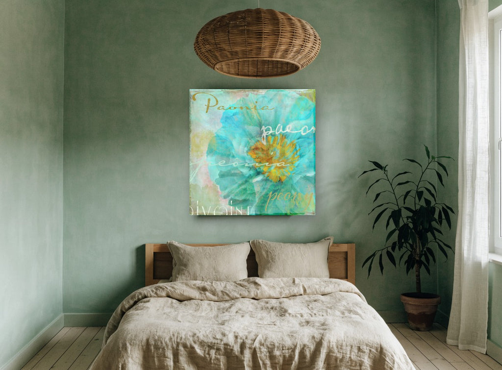 Aqua Peony Script floral canvas print on the wall of a bedroom