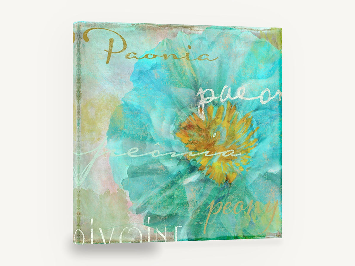 Aqua Peony Script, blue peony typography floral art, floral canvas wall art print ready to hang