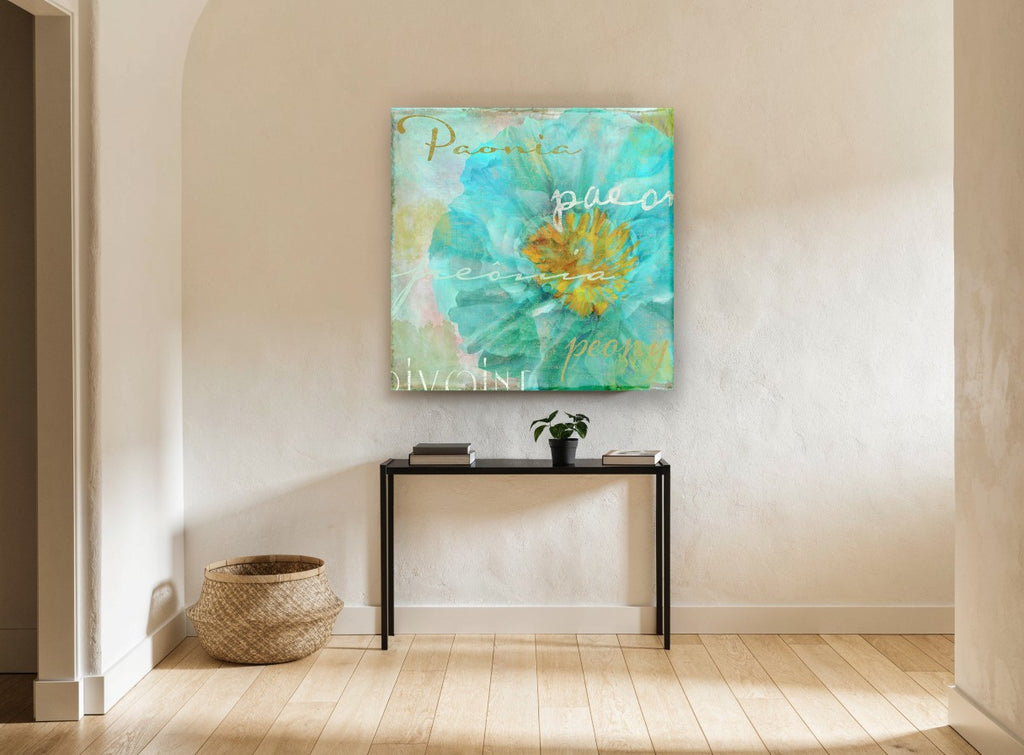 Aqua Peony Script floral canvas print on the wall of a hallway