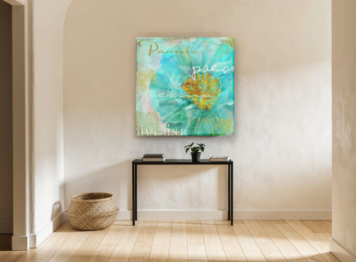 Aqua Peony Script floral canvas print on the wall of a hallway