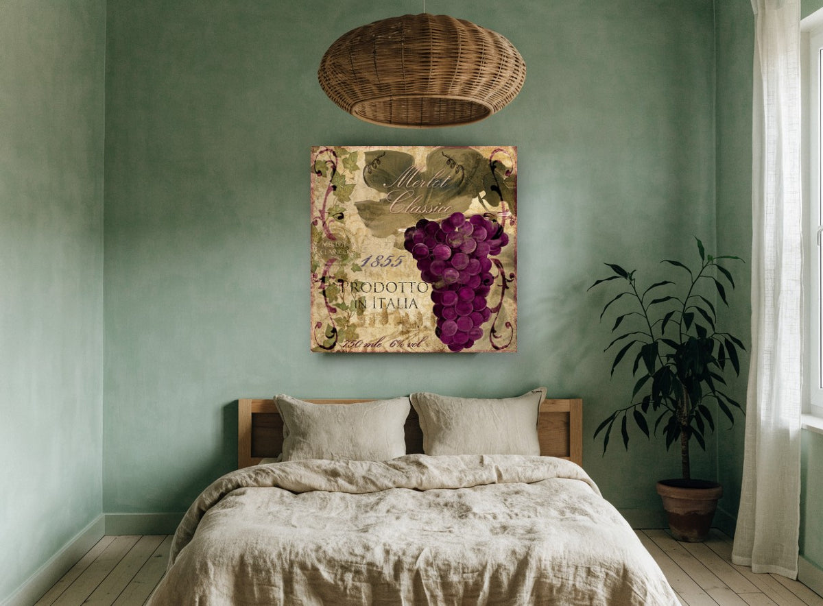 Merlot Classico Vineyard floral canvas print on the wall of a bedroom