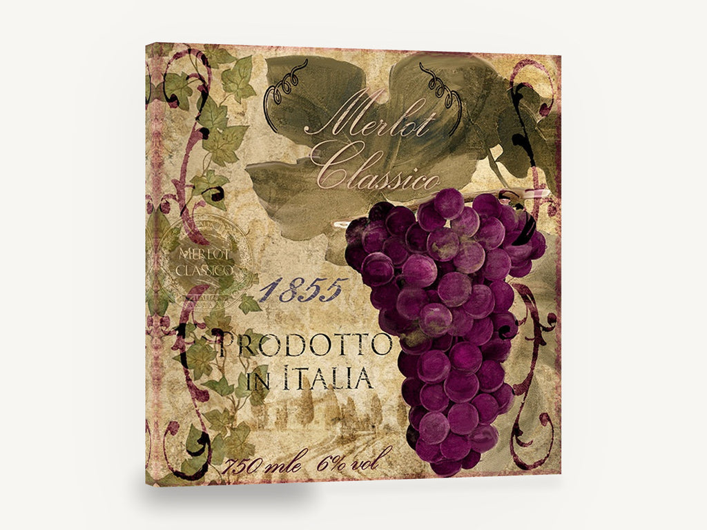 Merlot Classico Vineyard, merlot grapes vintage wine label, floral canvas wall art print ready to hang