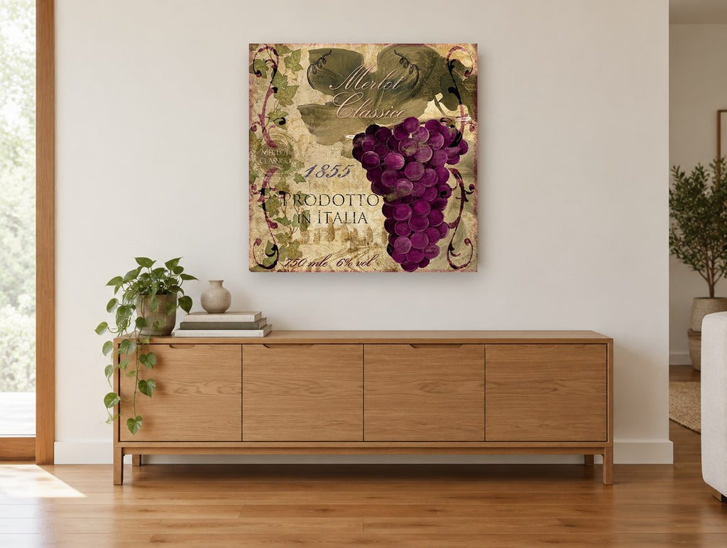 Merlot Classico Vineyard floral canvas print on the wall of a living room above a sideboard