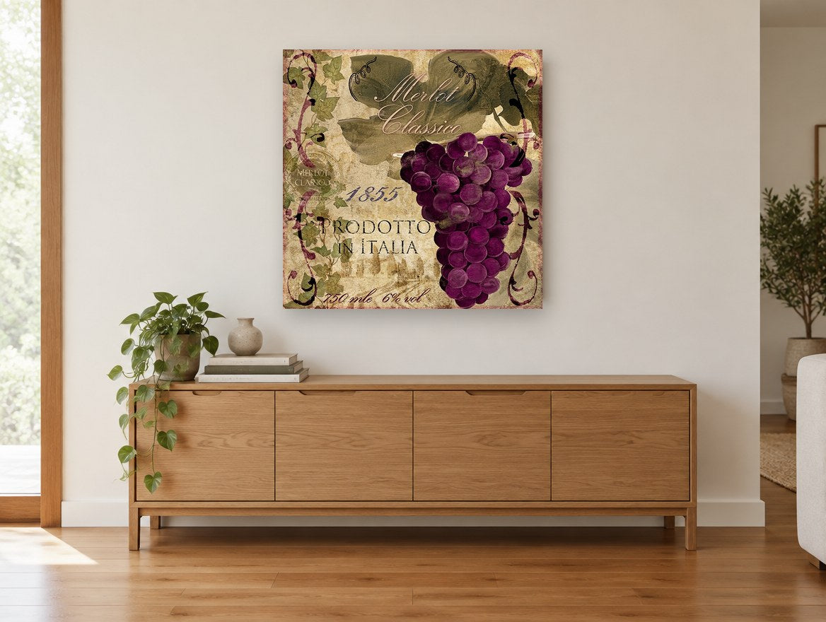 Merlot Classico Vineyard floral canvas print on the wall of a living room above a sideboard