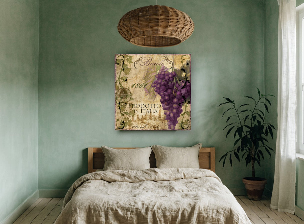 Barolo Grape Label floral canvas print on the wall of a bedroom