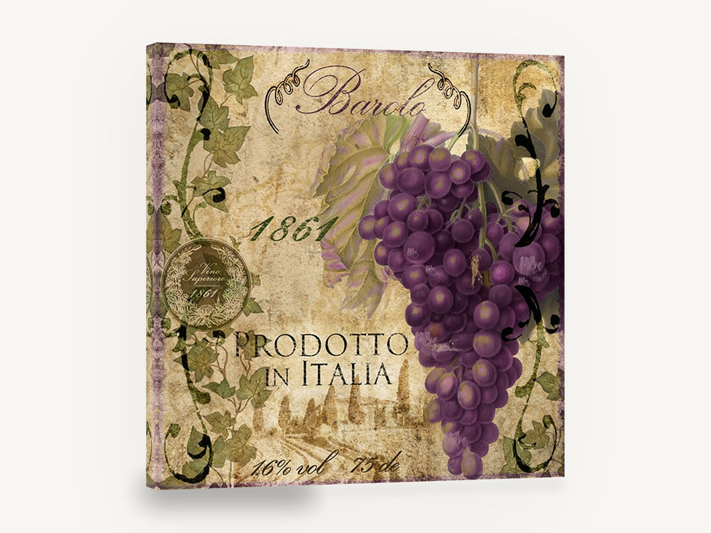 Barolo Grape Label, purple grapes vintage italian wine label, floral canvas wall art print ready to hang
