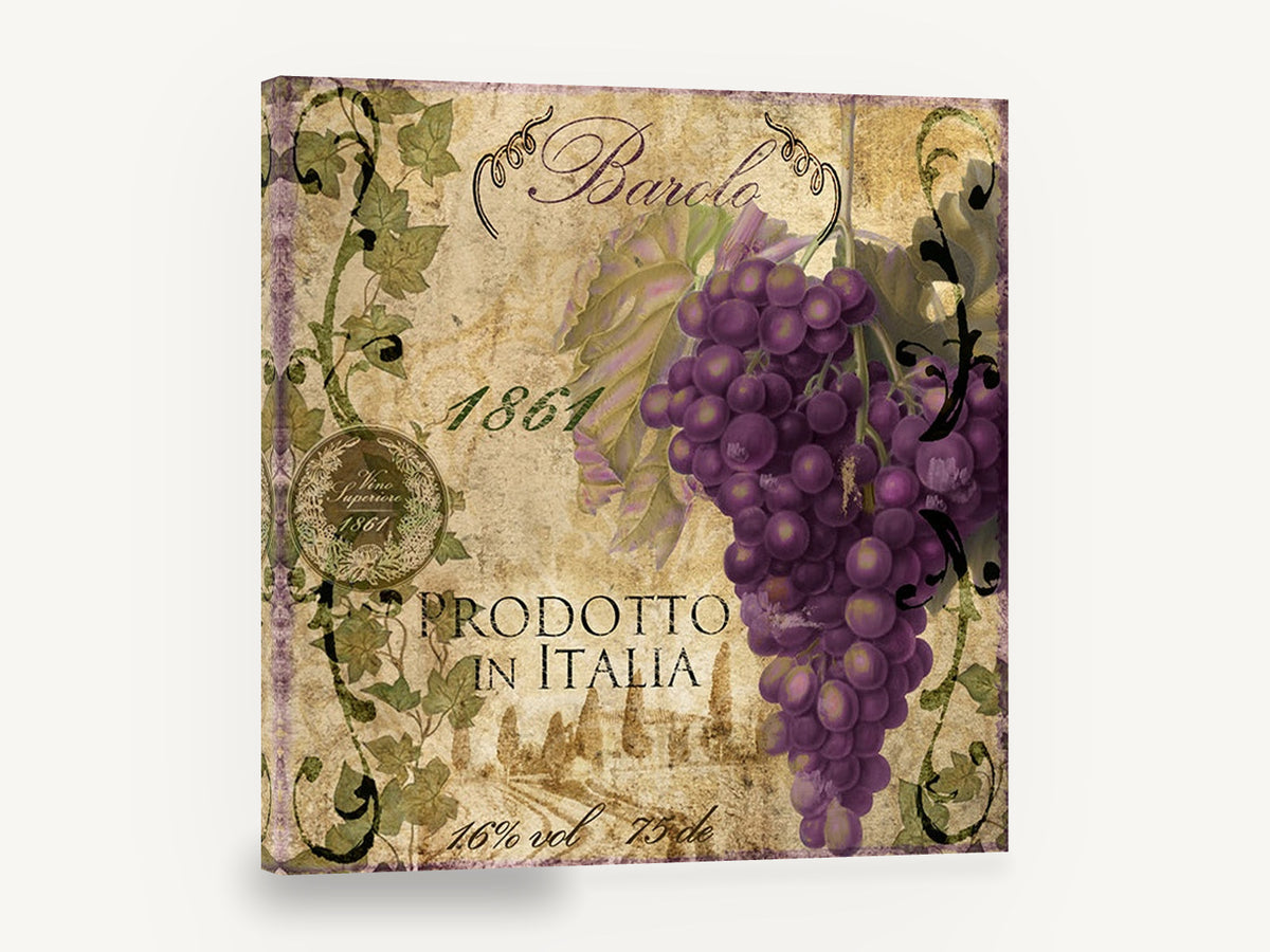 Barolo Grape Label, purple grapes vintage italian wine label, floral canvas wall art print ready to hang