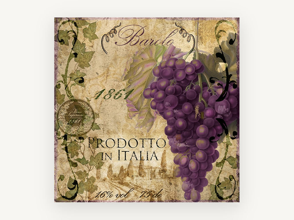 Barolo Grape Label, floral canvas wall art print, front view