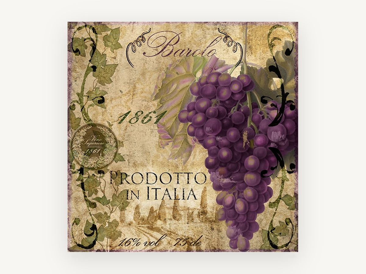 Barolo Grape Label, floral canvas wall art print, front view