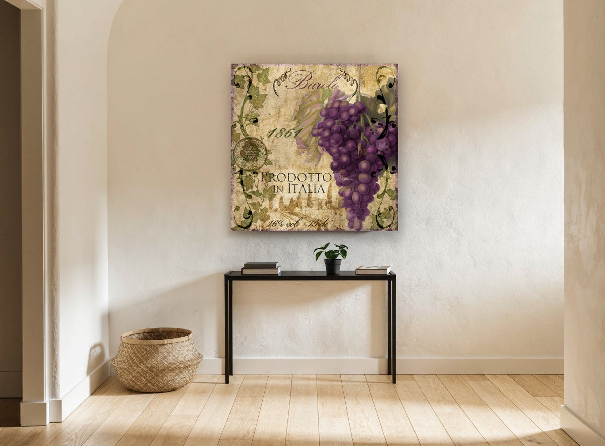 Barolo Grape Label floral canvas print on the wall of a hallway