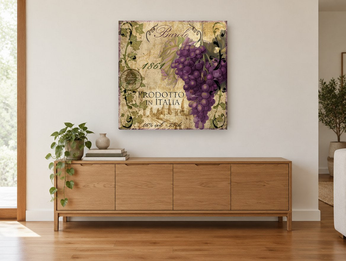 Barolo Grape Label floral canvas print on the wall of a living room above a sideboard