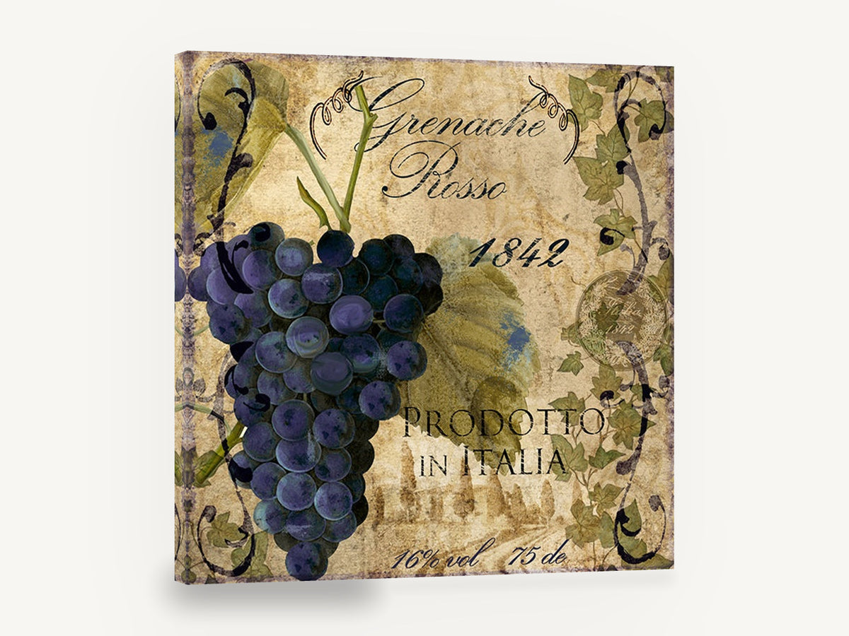 Grenache Rosso Vineyard, purple grape vintage wine label, floral canvas wall art print ready to hang