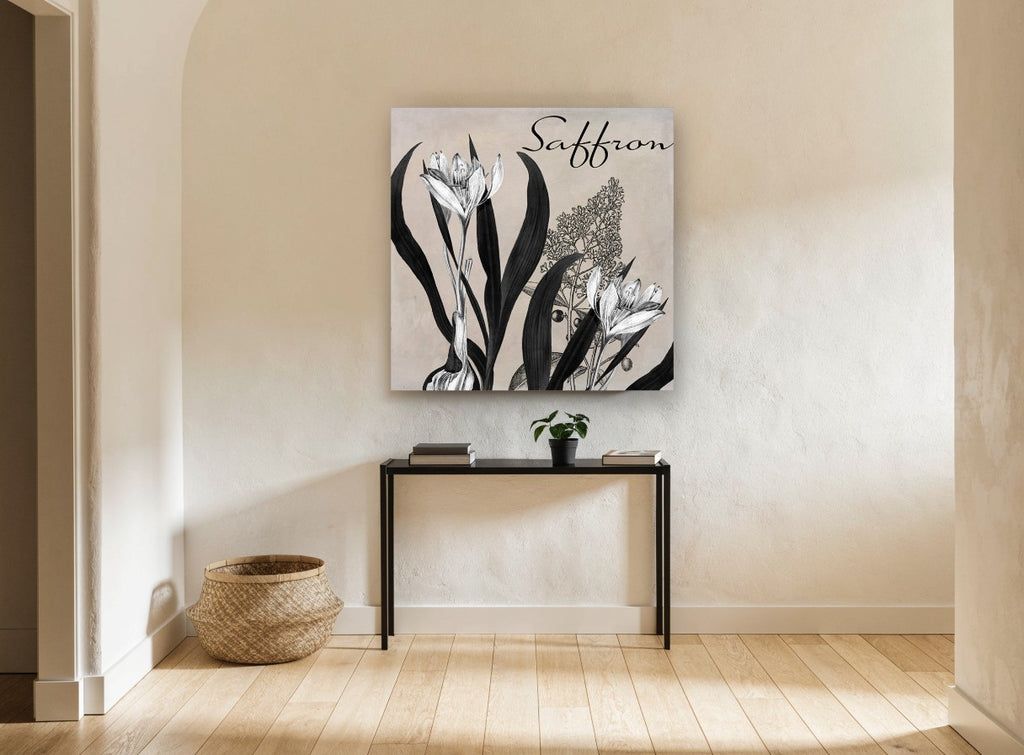 Saffron Crocus Study floral canvas print on the wall of a hallway