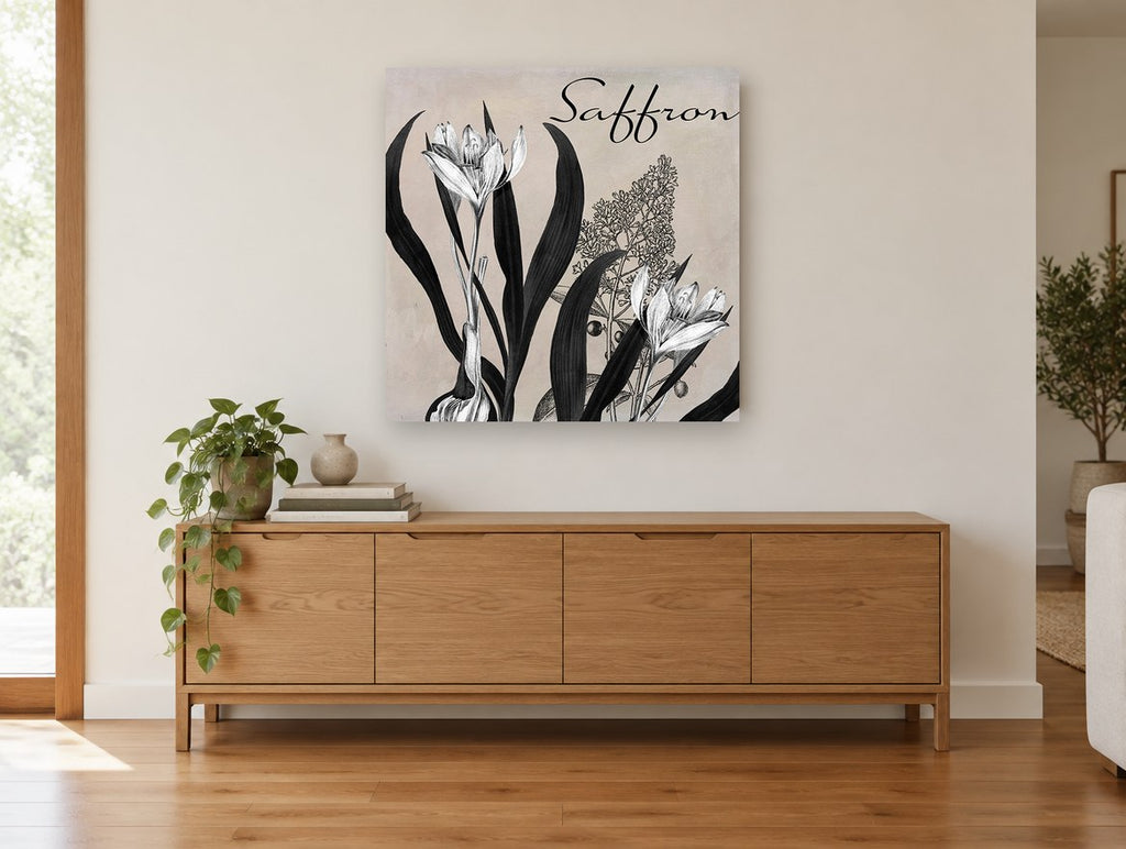Saffron Crocus Study floral canvas print on the wall of a living room above a sideboard