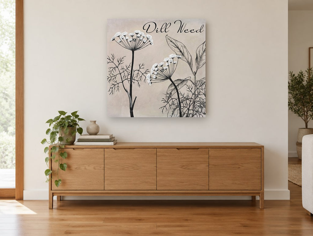 Dill Weed Study floral canvas print on the wall of a living room above a sideboard
