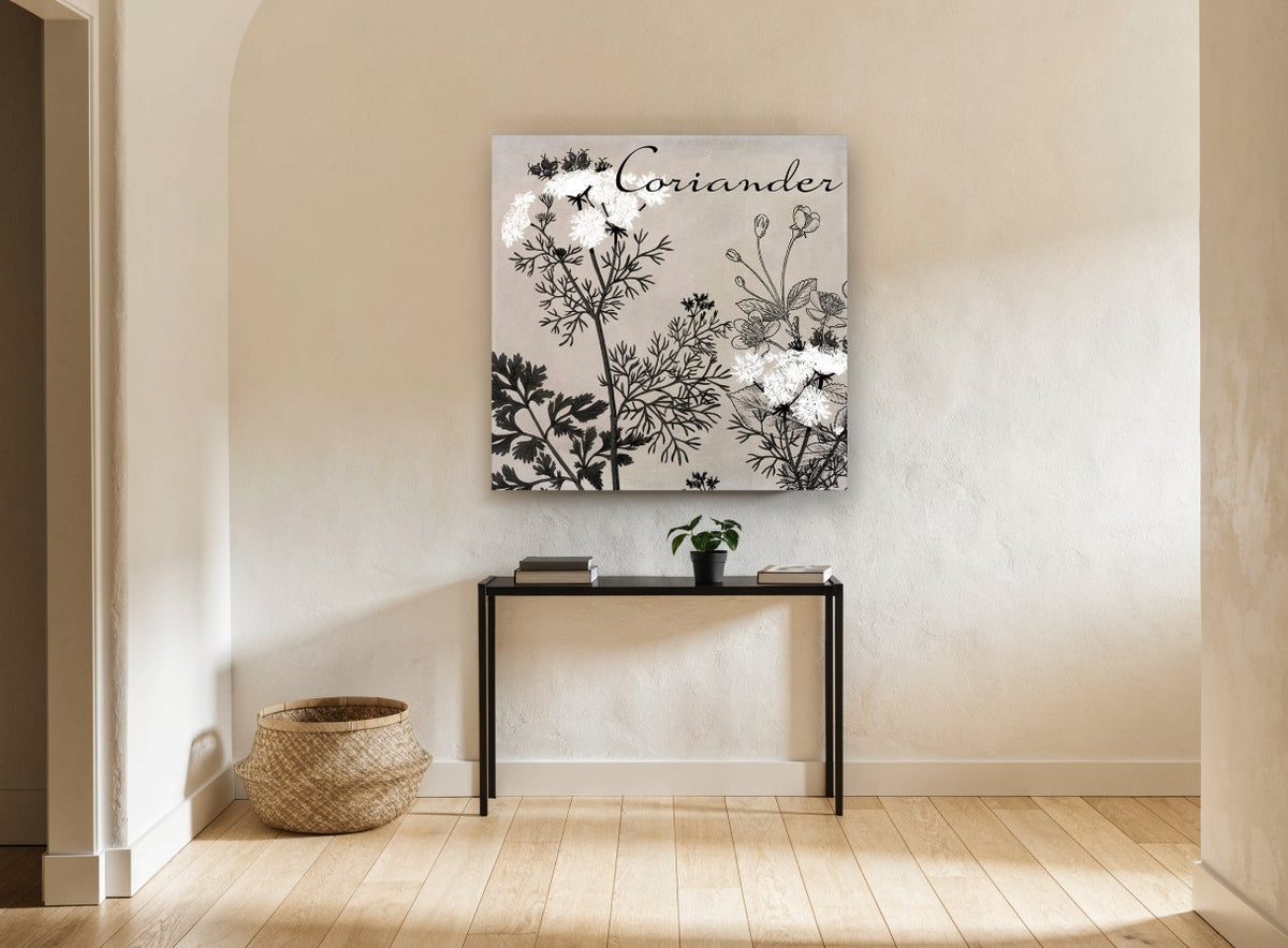 Coriander in Bloom floral canvas print on the wall of a hallway