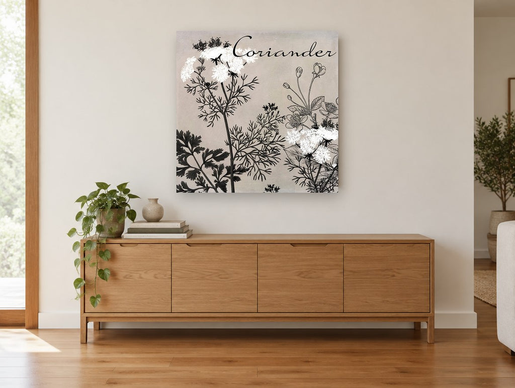 Coriander in Bloom floral canvas print on the wall of a living room above a sideboard