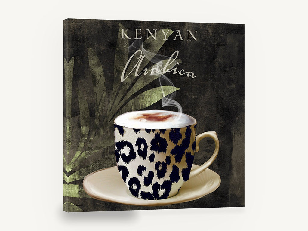 Leopard Cup Kenyan Brew, leopard print coffee cup kitchen, kitchen canvas wall art print ready to hang