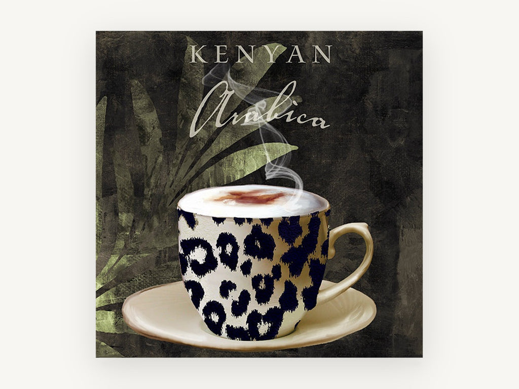Leopard Cup Kenyan Brew, kitchen canvas wall art print, front view