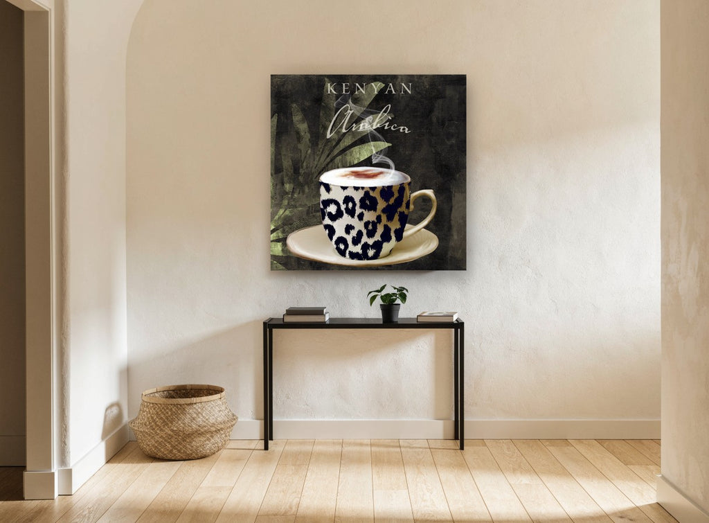 Leopard Cup Kenyan Brew kitchen canvas print on the wall of a hallway