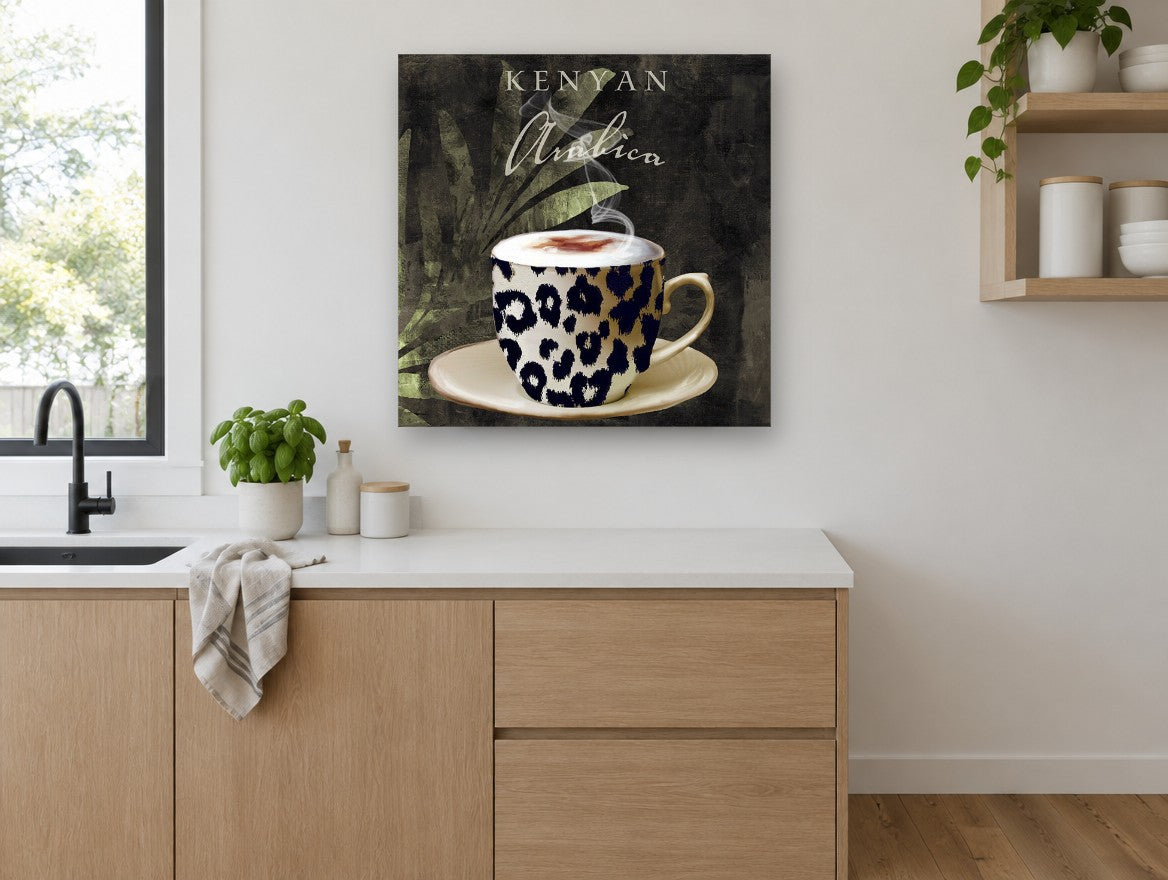 Leopard Cup Kenyan Brew kitchen canvas print on the wall of a kitchen