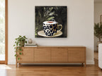 Leopard Cup Kenyan Brew kitchen canvas print on the wall of a living room above a sideboard