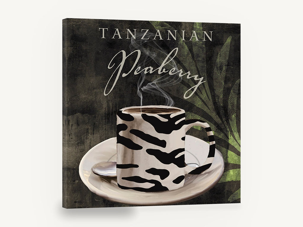 Zebra Stripe Peaberry, zebra print coffee cup typography, kitchen canvas wall art print ready to hang