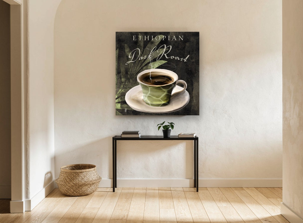 Ethiopian Giraffe Cup kitchen canvas print on the wall of a hallway