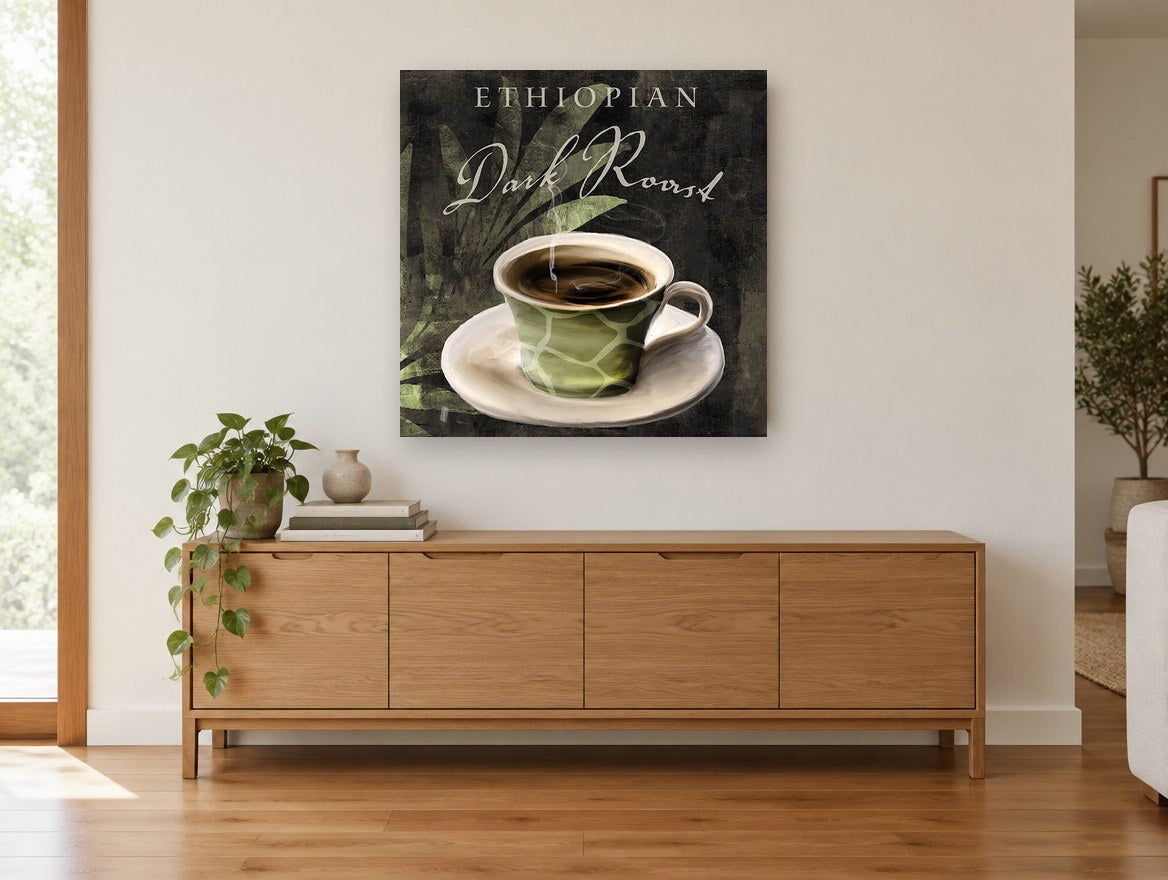 Ethiopian Giraffe Cup kitchen canvas print on the wall of a living room above a sideboard