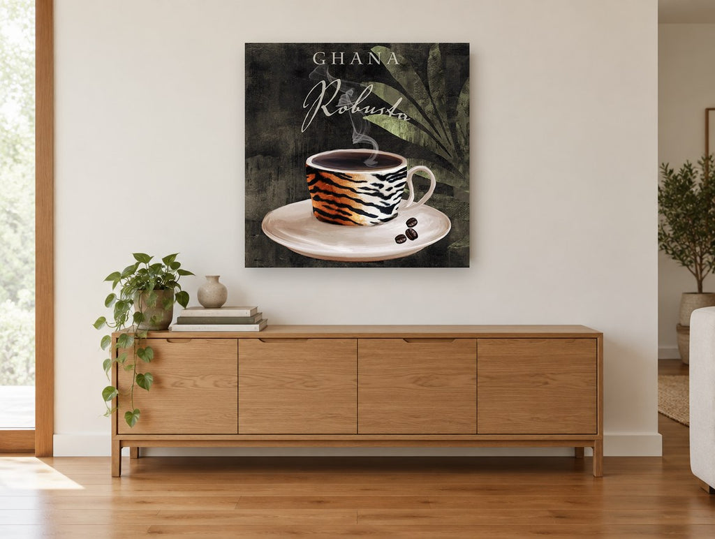Tiger Stripe Robusta kitchen canvas print on the wall of a living room above a sideboard