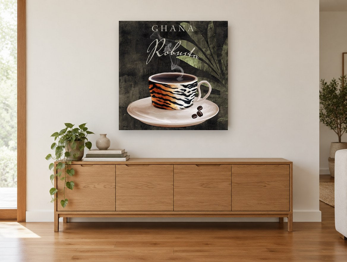 Tiger Stripe Robusta kitchen canvas print on the wall of a living room above a sideboard