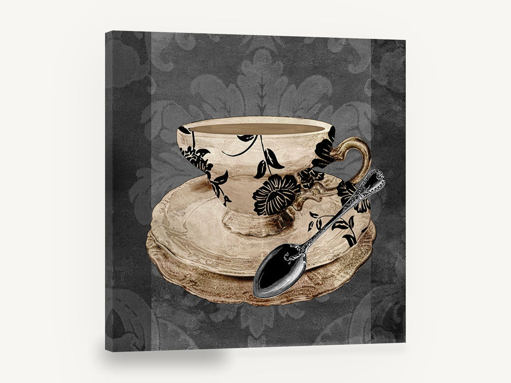 Damask Teacup and Spoon, black floral teacup vintage kitchen, kitchen canvas wall art print ready to hang