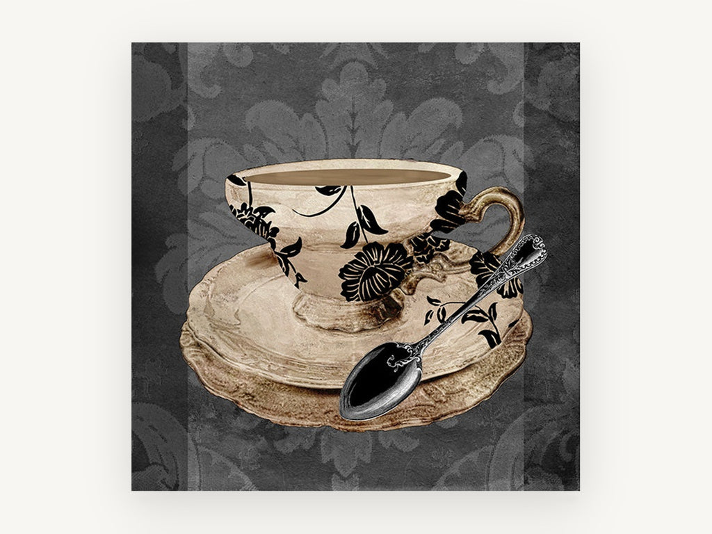 Damask Teacup and Spoon, kitchen canvas wall art print, front view