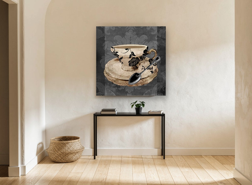 Damask Teacup and Spoon kitchen canvas print on the wall of a hallway