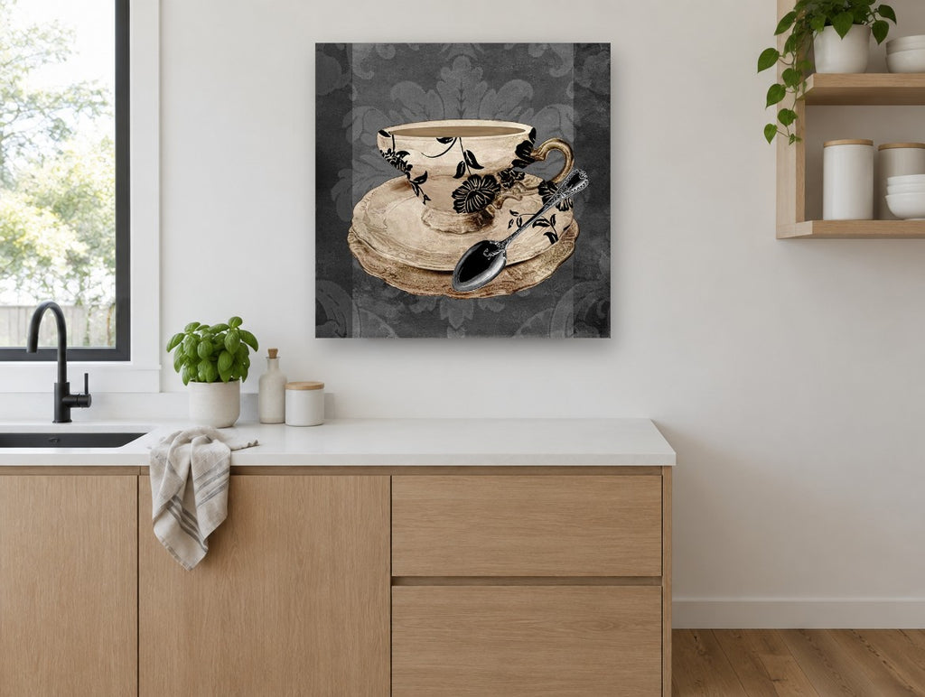 Damask Teacup and Spoon kitchen canvas print on the wall of a kitchen