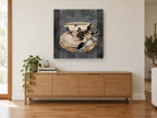 Damask Teacup and Spoon kitchen canvas print on the wall of a living room above a sideboard