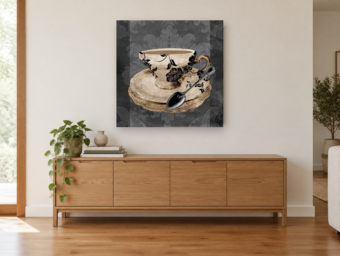 Damask Teacup and Spoon kitchen canvas print on the wall of a living room above a sideboard