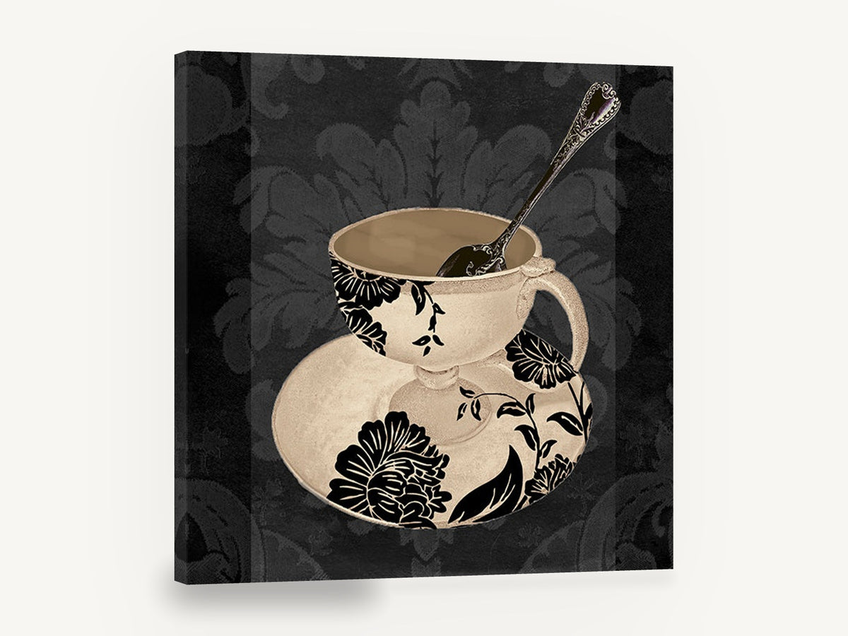 Damask Teacup Noir, black floral teacup damask kitchen, kitchen canvas wall art print ready to hang