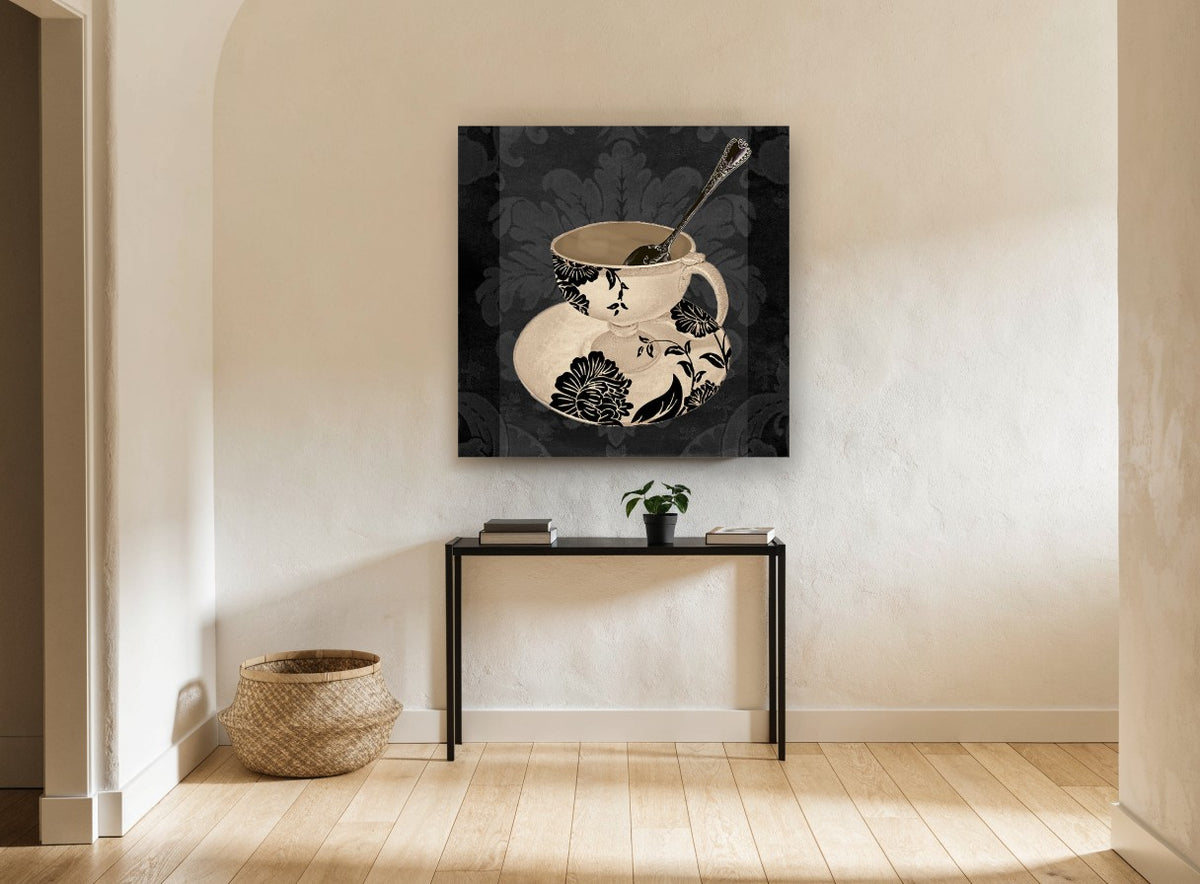 Damask Teacup Noir kitchen canvas print on the wall of a hallway