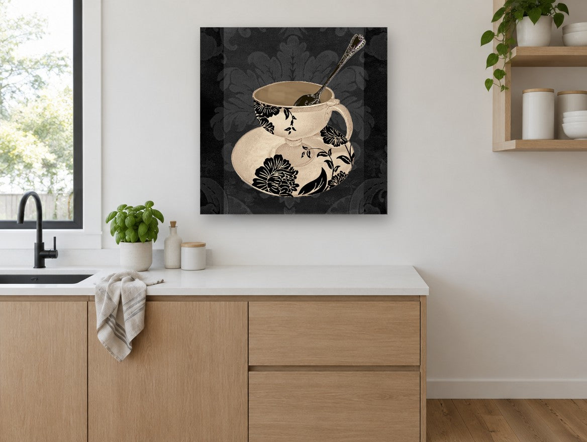 Damask Teacup Noir kitchen canvas print on the wall of a kitchen