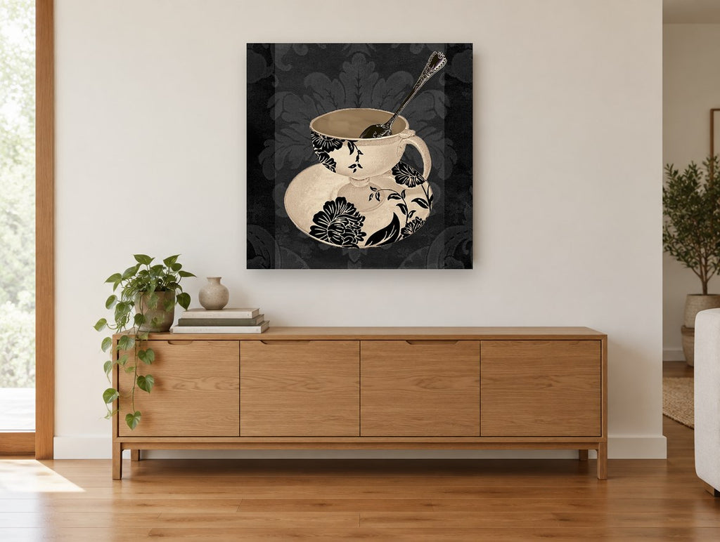 Damask Teacup Noir kitchen canvas print on the wall of a living room above a sideboard