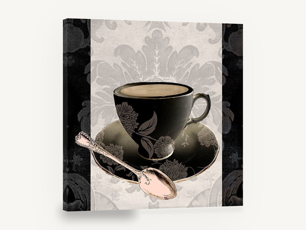 Midnight Teacup Silver Spoon, black teacup damask vintage kitchen, kitchen canvas wall art print ready to hang