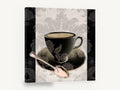 Midnight Teacup Silver Spoon, black teacup damask vintage kitchen, kitchen canvas wall art print ready to hang