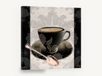 Midnight Teacup Silver Spoon, black teacup damask vintage kitchen, kitchen canvas wall art print ready to hang