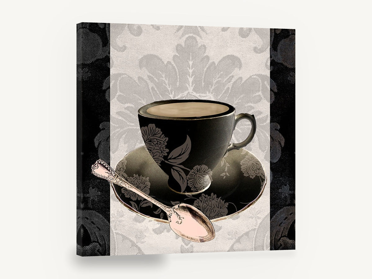 Midnight Teacup Silver Spoon, black teacup damask vintage kitchen, kitchen canvas wall art print ready to hang