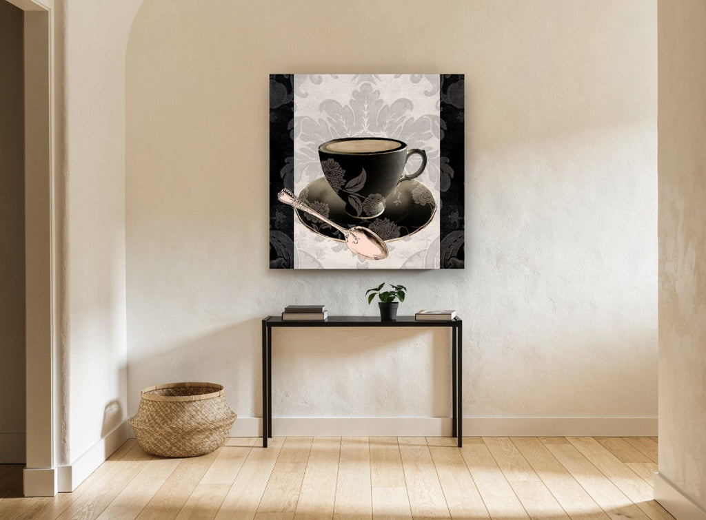 Midnight Teacup Silver Spoon kitchen canvas print on the wall of a hallway