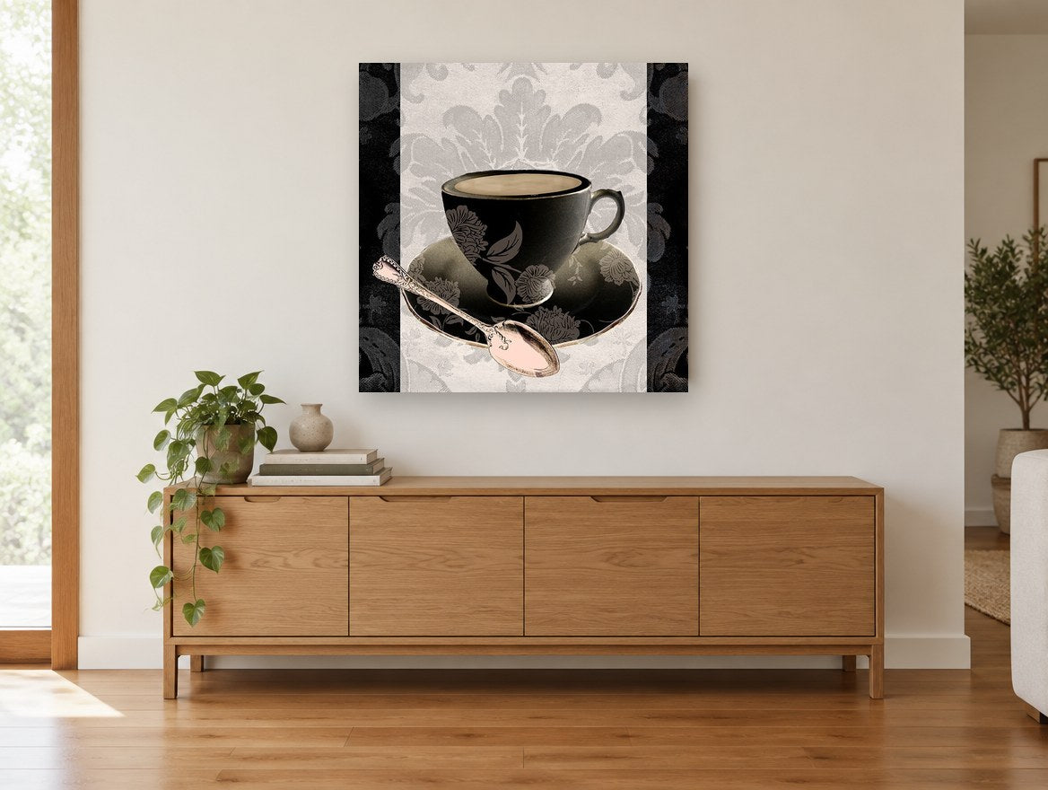 Midnight Teacup Silver Spoon kitchen canvas print on the wall of a living room above a sideboard