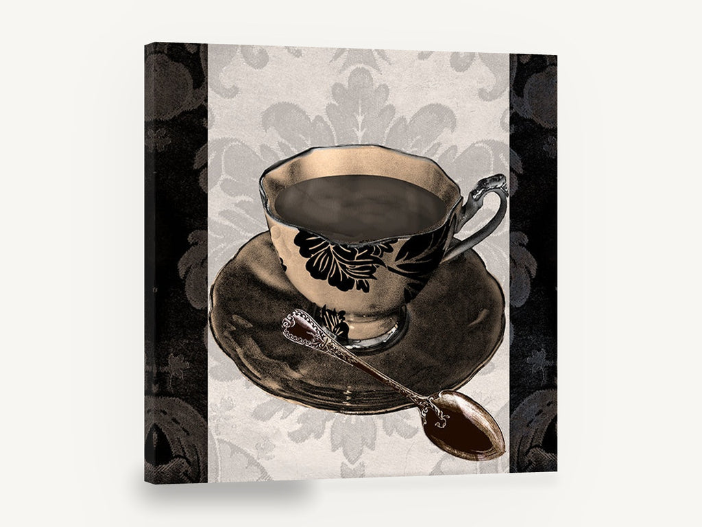 Damask Coffee Cup, black floral coffee cup damask kitchen, kitchen canvas wall art print ready to hang