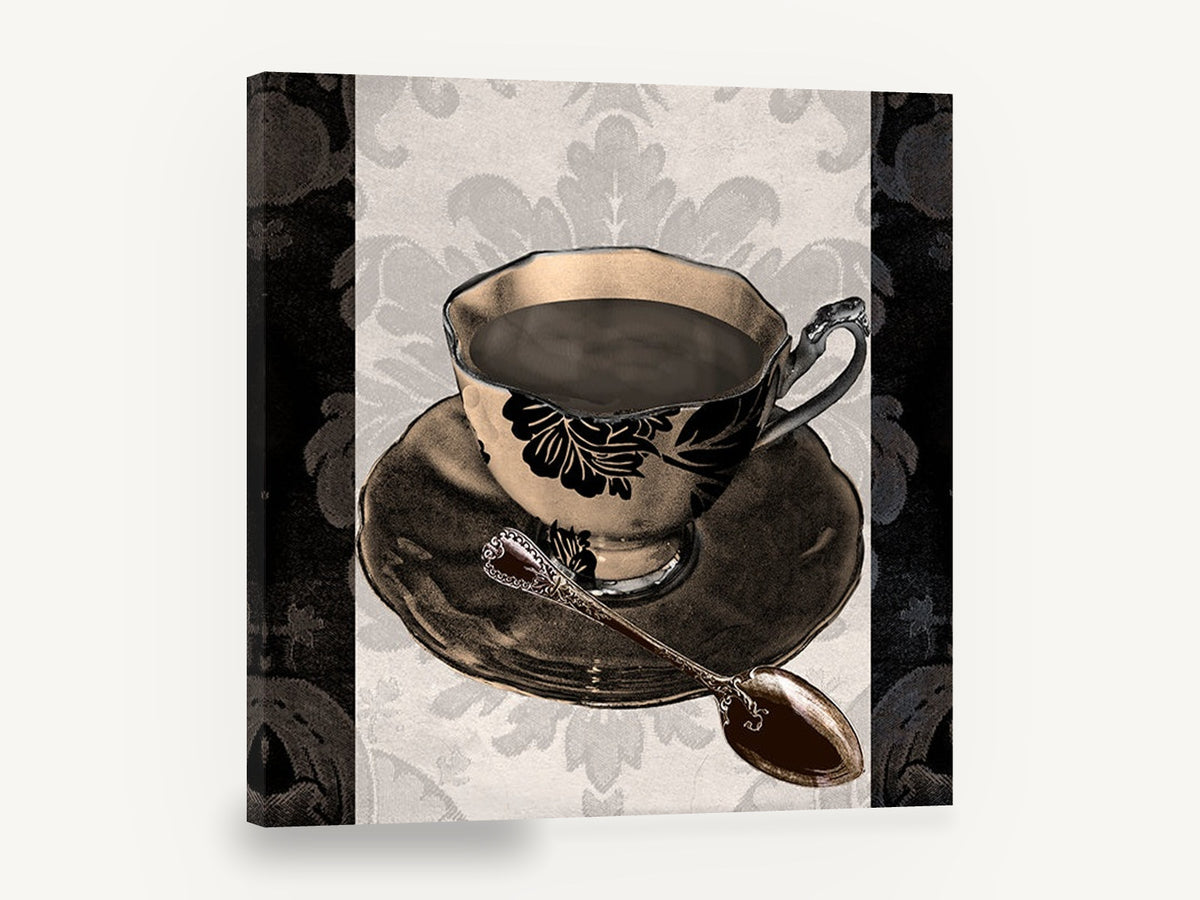 Damask Coffee Cup, black floral coffee cup damask kitchen, kitchen canvas wall art print ready to hang